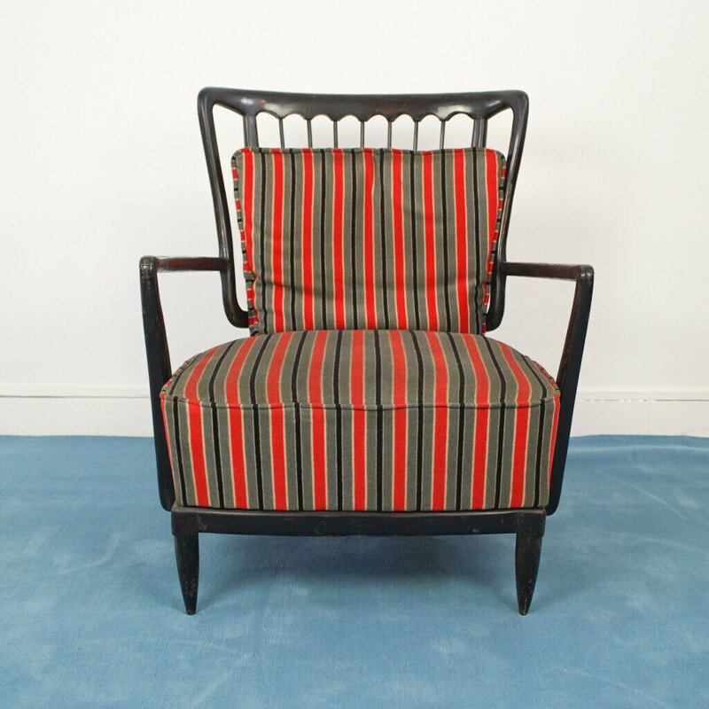 Vintage lounge bank met zwart gelakte houten fauteuil, 1950