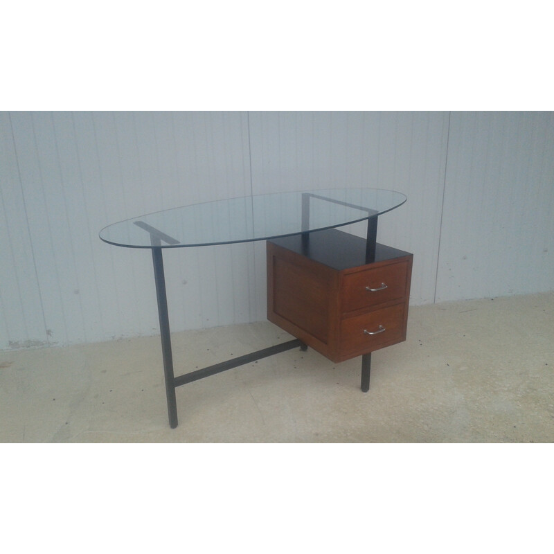 Vintage desk with glass top - 1950s