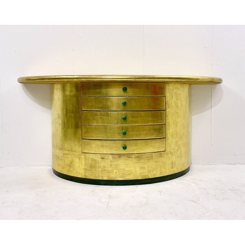 Vintage half moon console with gold leaf drawers and malachite handles, 1980