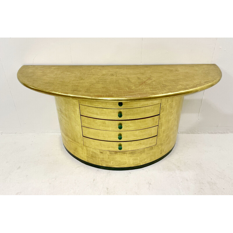 Vintage half moon console with gold leaf drawers and malachite handles, 1980