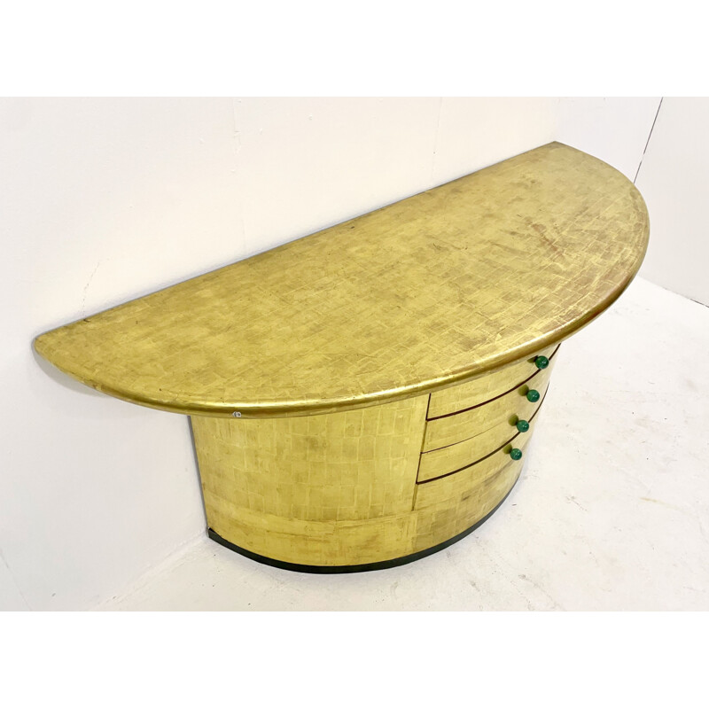 Vintage half moon console with gold leaf drawers and malachite handles, 1980