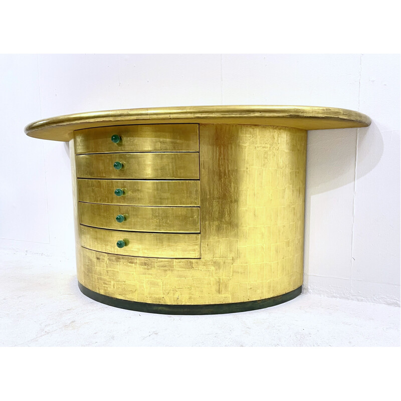 Vintage half moon console with gold leaf drawers and malachite handles, 1980