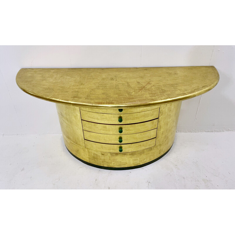 Consolle vintage a mezza luna con cassetti in foglia d'oro e maniglie in malachite, 1980