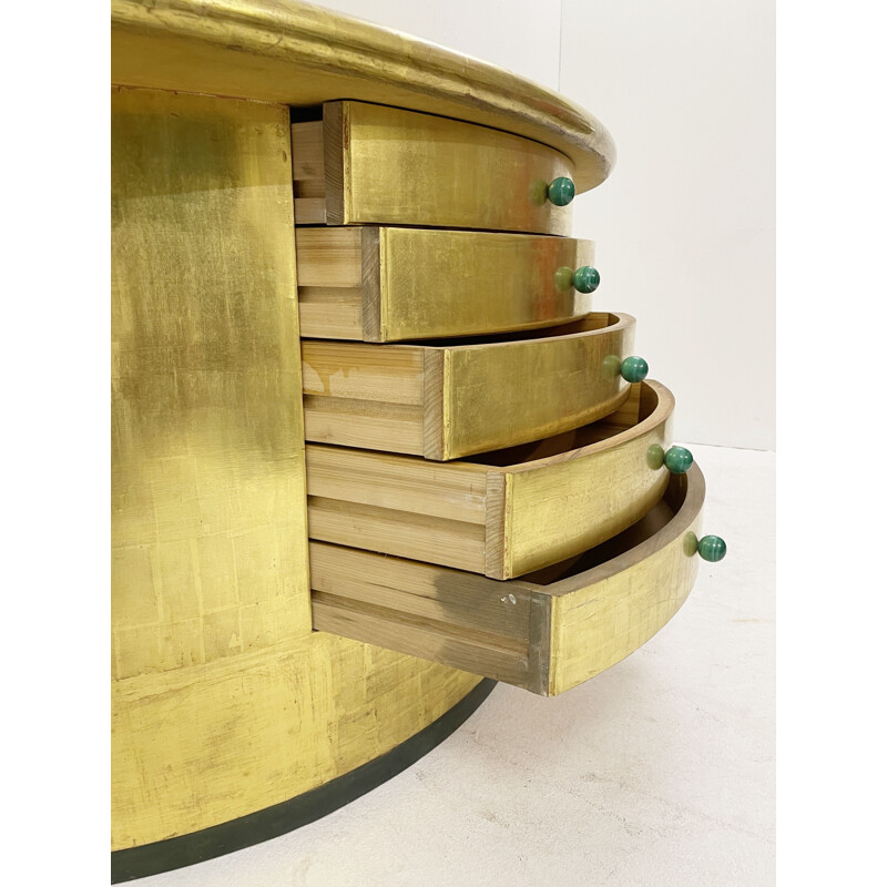 Vintage half moon console with gold leaf drawers and malachite handles, 1980