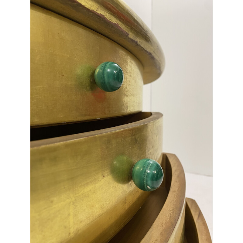 Vintage half moon console with gold leaf drawers and malachite handles, 1980