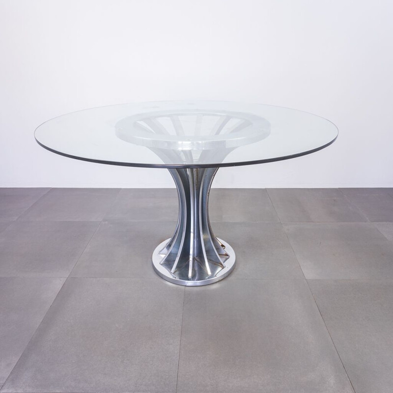 Vintage round glass and metal dining table, 1970s