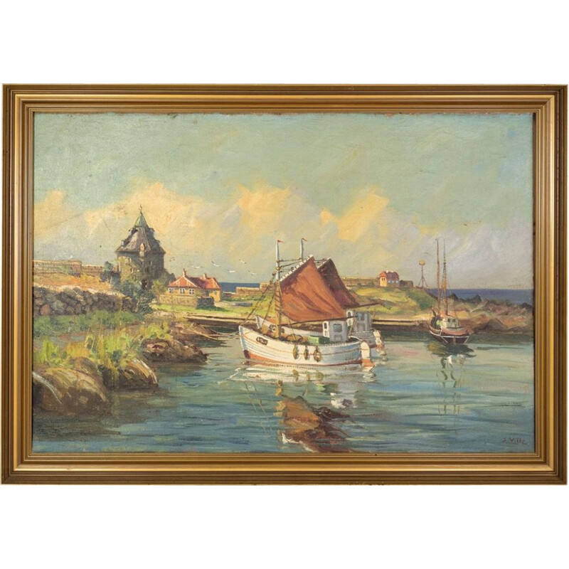 Oud olieverfschilderij van vissersboten bij de kust, 1930