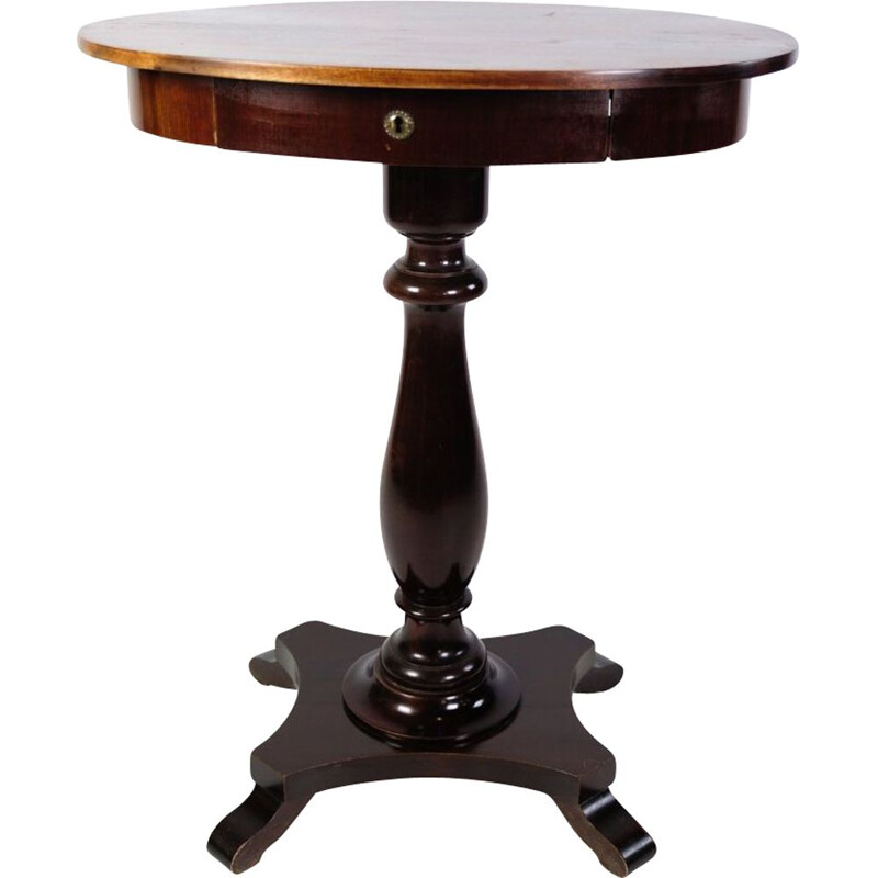 Vintage oval side table on pillar with drawer in mahogany, 1890s