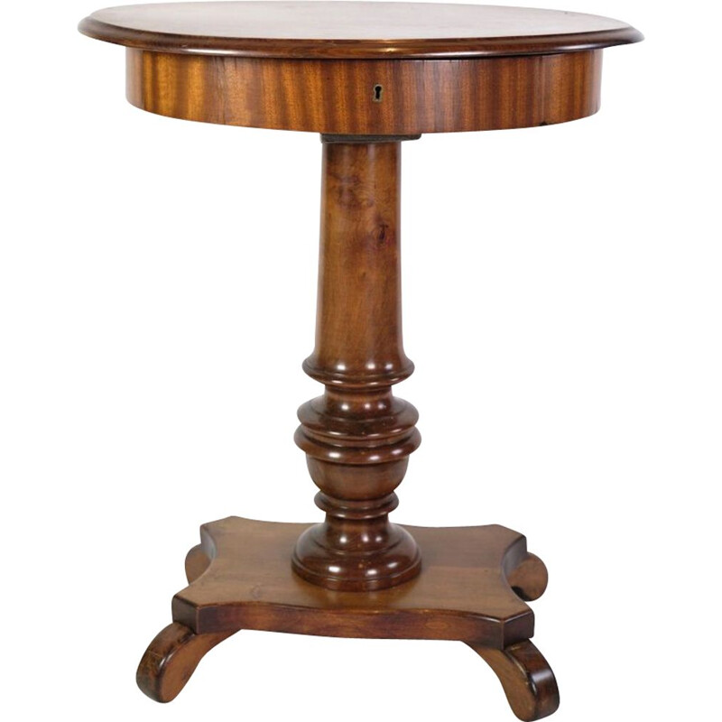 Table à coudre ovale vintage sur pilier en acajou, 1890