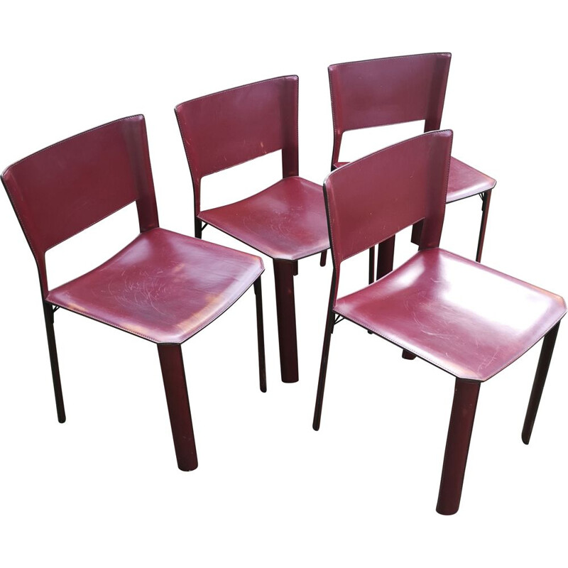 Set of 4 vintage S91 leather chairs by Giancarlo Vegni for Fame, 1980