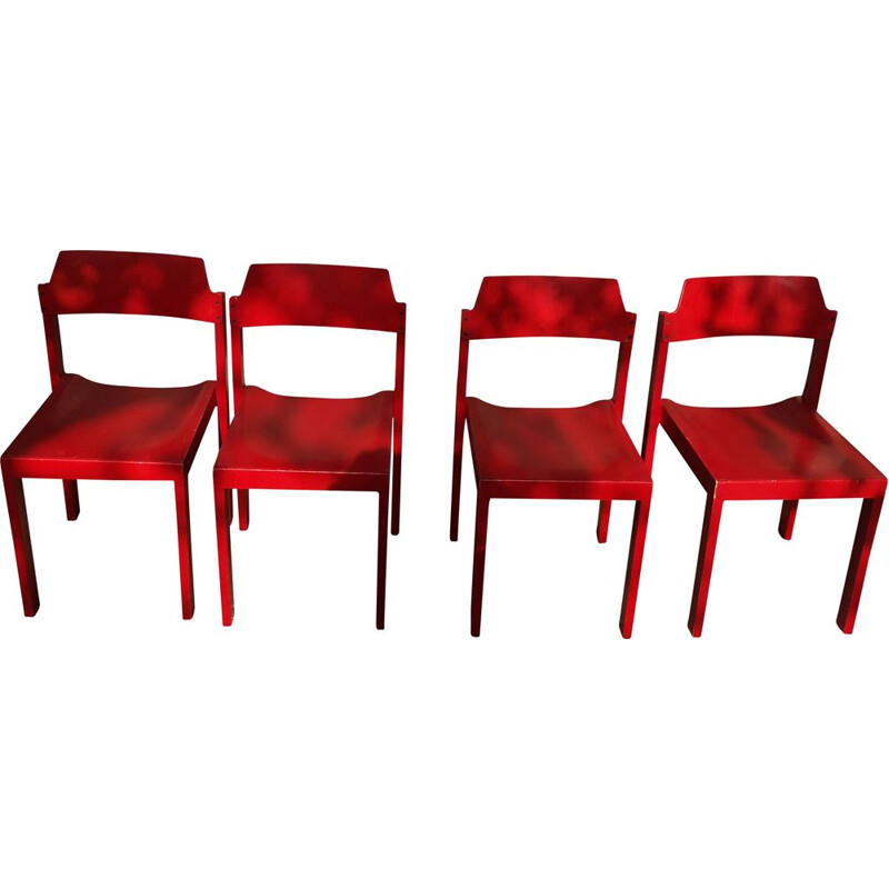 Set of 4 vintage red beechwood chairs by Rainer Schell, 1960