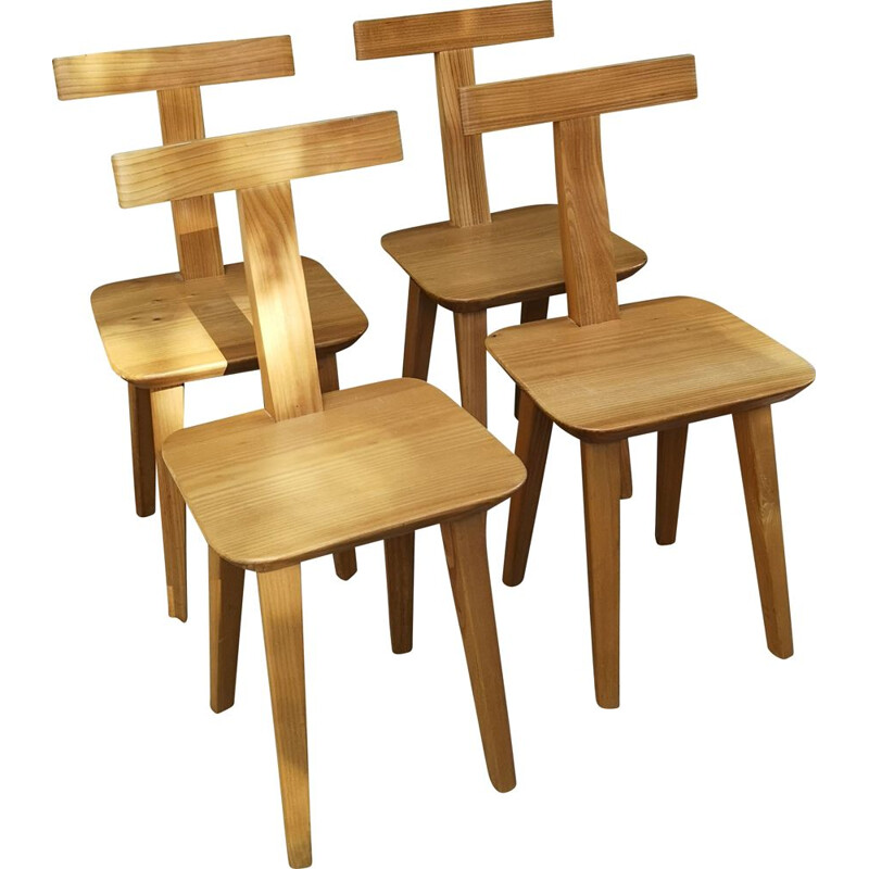 Set of 4 vintage brutalist T-chairs in blond elmwood by Olavi Hanninen