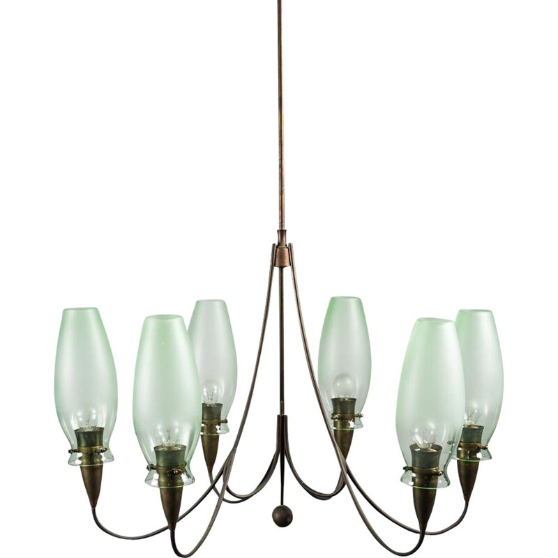 Latão Vintage e candelabro de vidro 6-luz, 1950