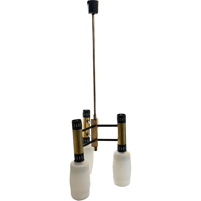 Stilnovo mid-century brass and opaline glass chandelier, Italy 1960s