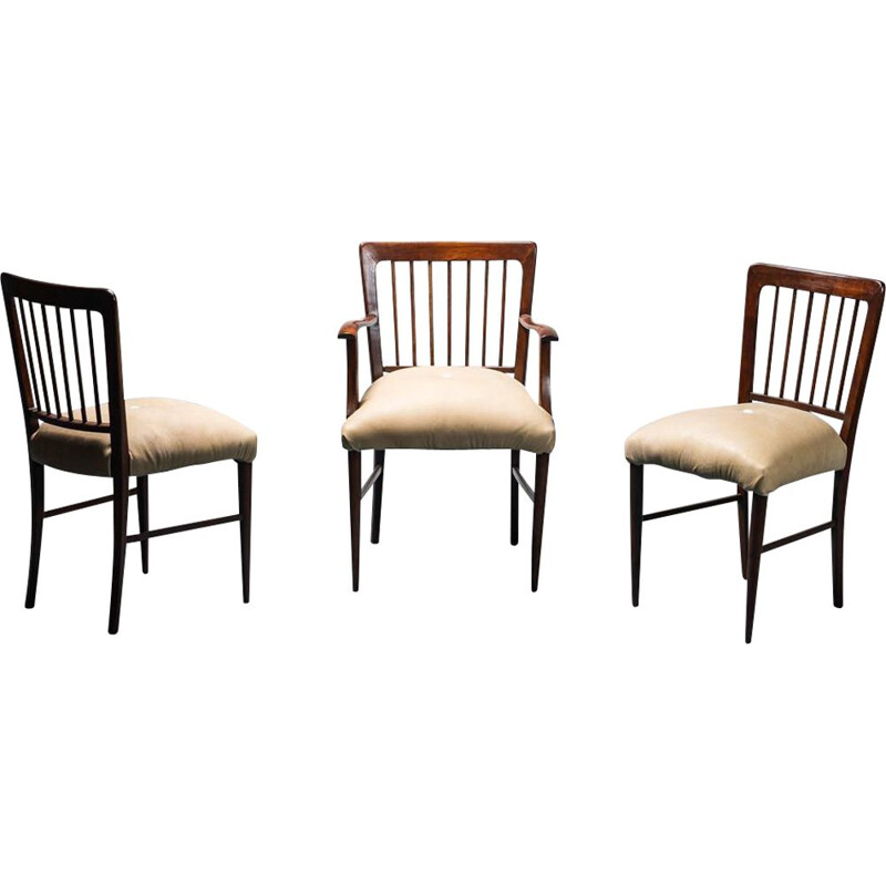 Conjunto de 3 cadeiras de escritório em madeira e couro, 1950