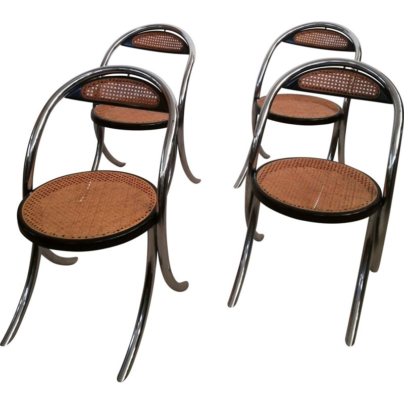 Ensemble de 4 chaises vintage en acier chromé et paille de Vienne, Italie 1970