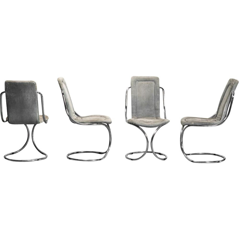 Ensemble de 4 fauteuils vintage en métal tubulaire et tissu, 1970