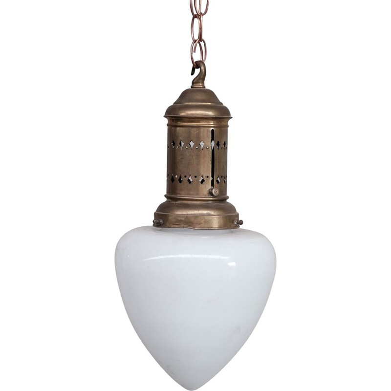 Vintage brass and opaline glass pendant lamp, France 1930s