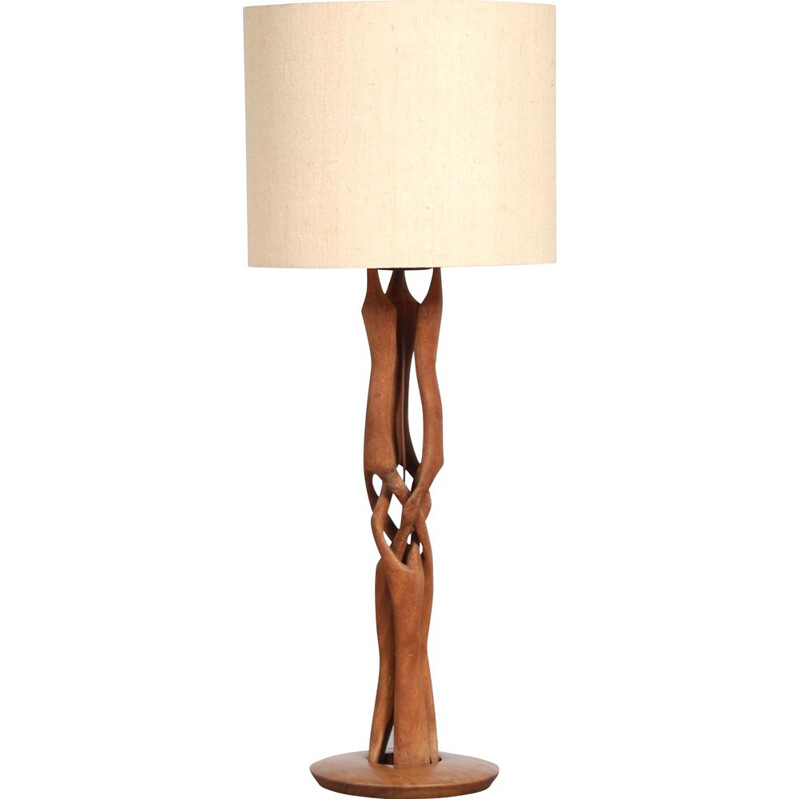 Vintage woven wooden table lamp, Netherlands 1950s 