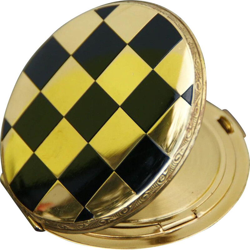 Vintage art deco brass powder bowl with check pattern, 1930