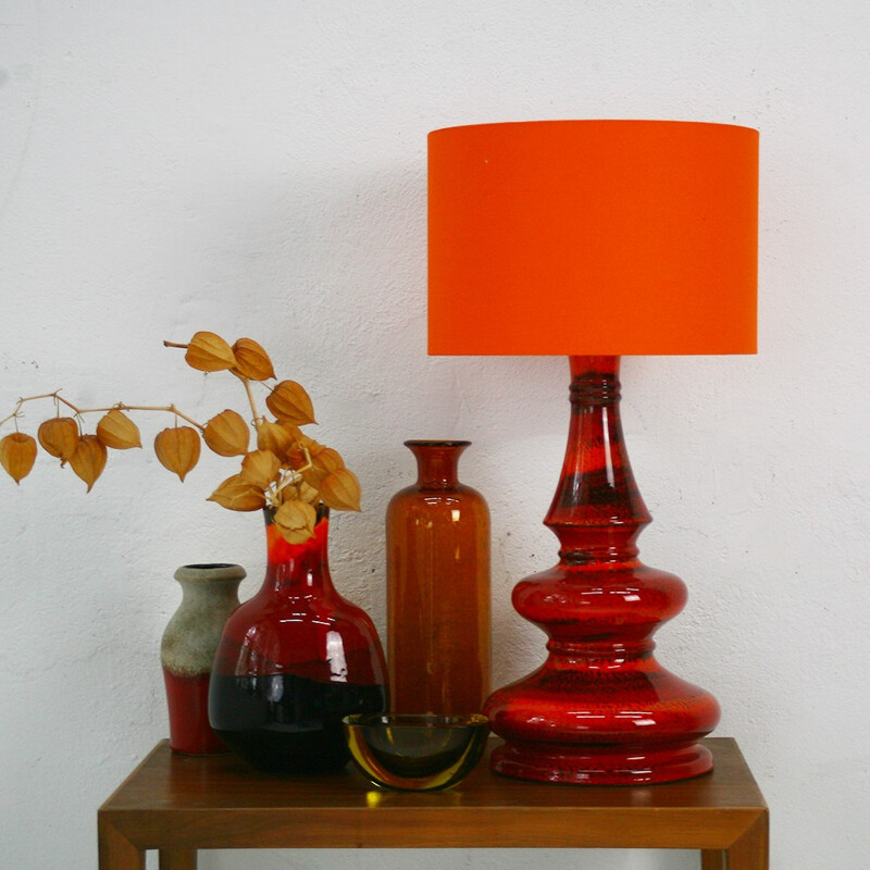 Vintage table lamp in orange and red enamelled ceramic - 1960s