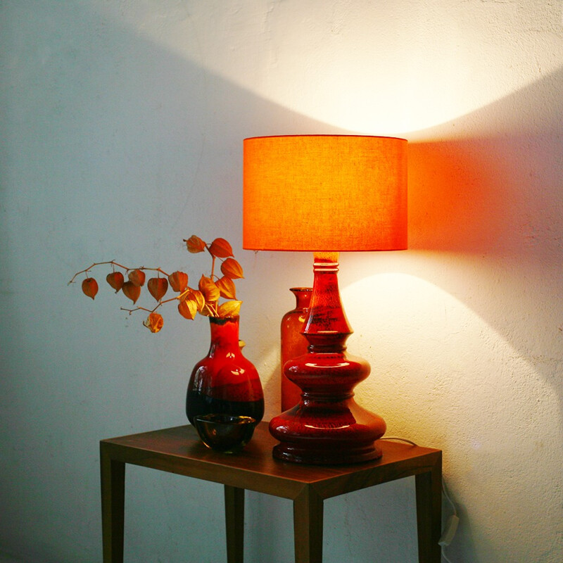 Vintage table lamp in orange and red enamelled ceramic - 1960s