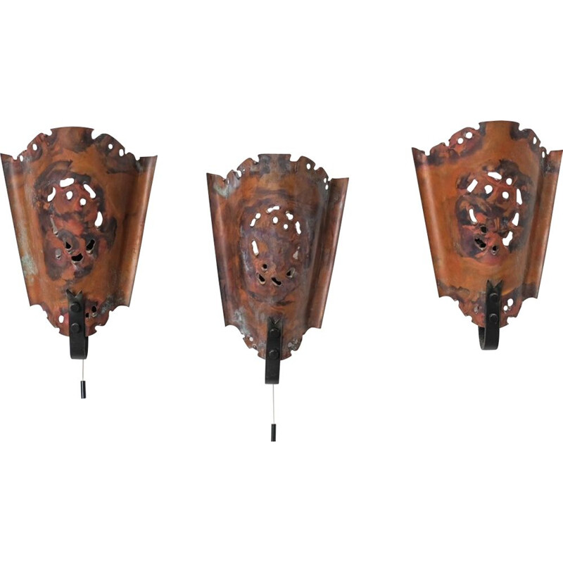 Set of 3 mid-century brutalist copper wall lamps, Holland 1970s