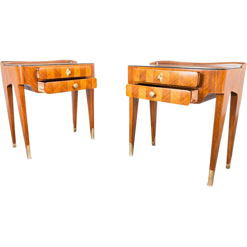 Pair of vintage wood and brass Art Deo night stands, 1950s