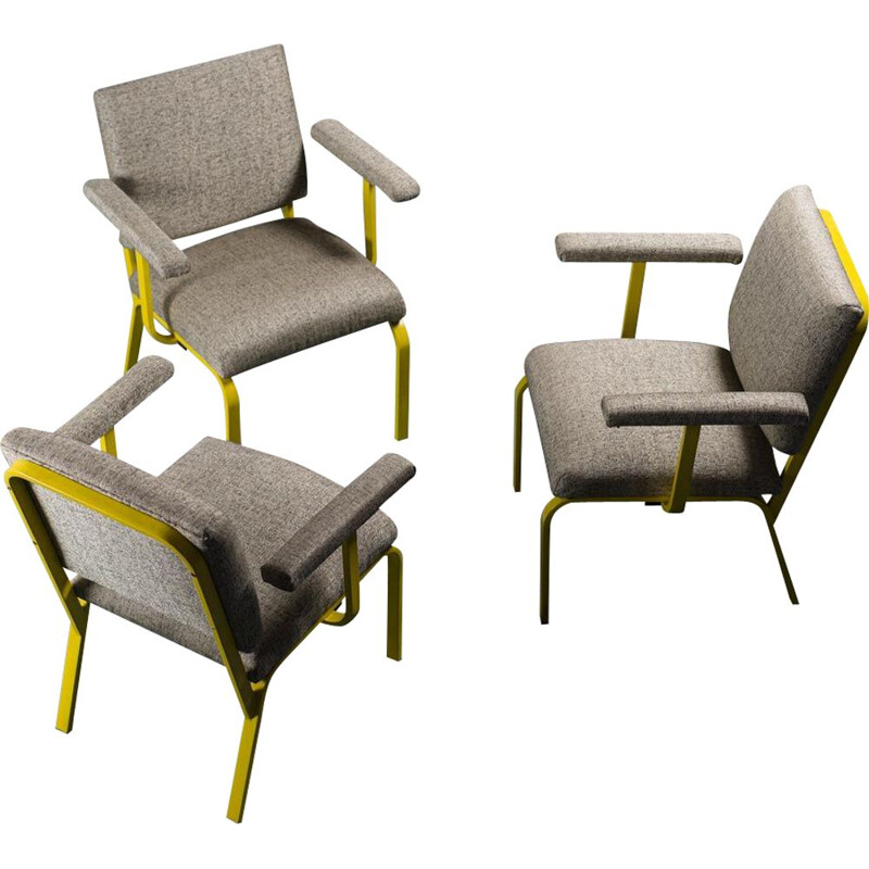 Set of 3 vintage handcrafted metal and fabric armchairs, 1970s
