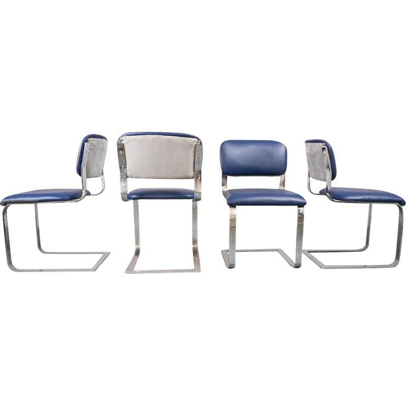 Satz von 4 Vintage-Stühlen aus blauem Öko-Leder und verchromtem Metall, 1970