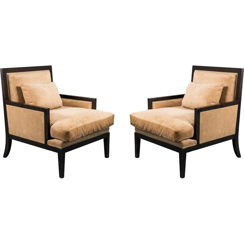 Pareja de sillones vintage de terciopelo marrón de Ka International, 1950