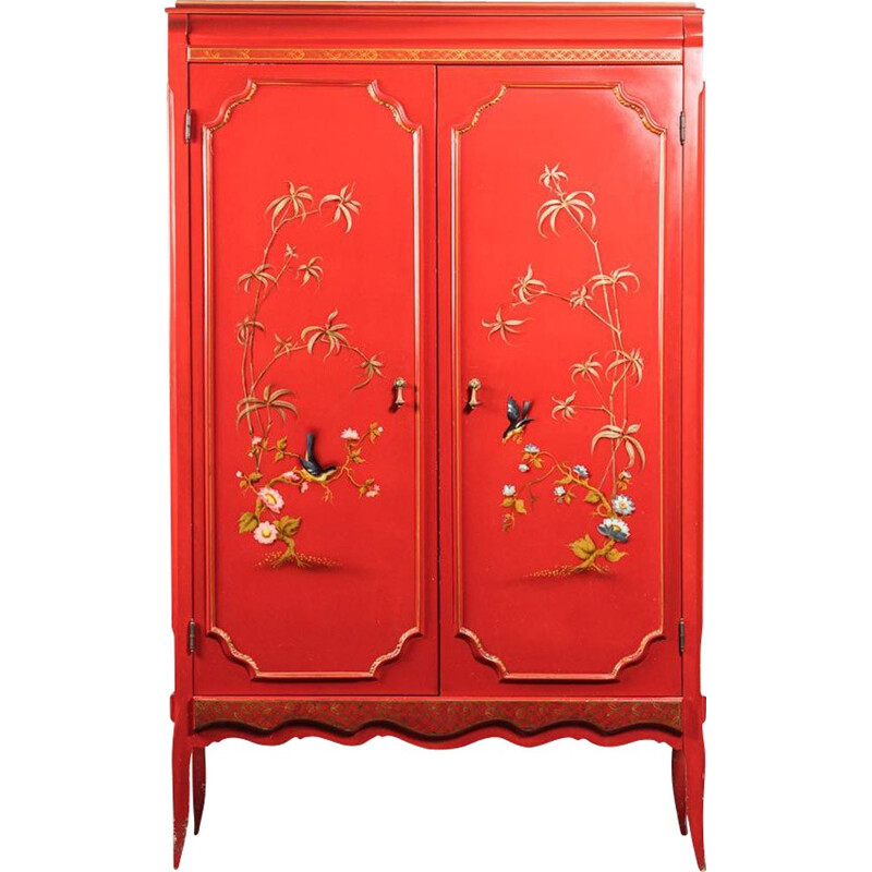 Vintage ethnic red wooden cabinet with oriental pattern, 1960s