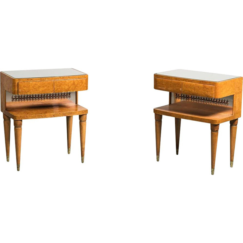 Pair of vintage wooden night stands with brass details, 1940s