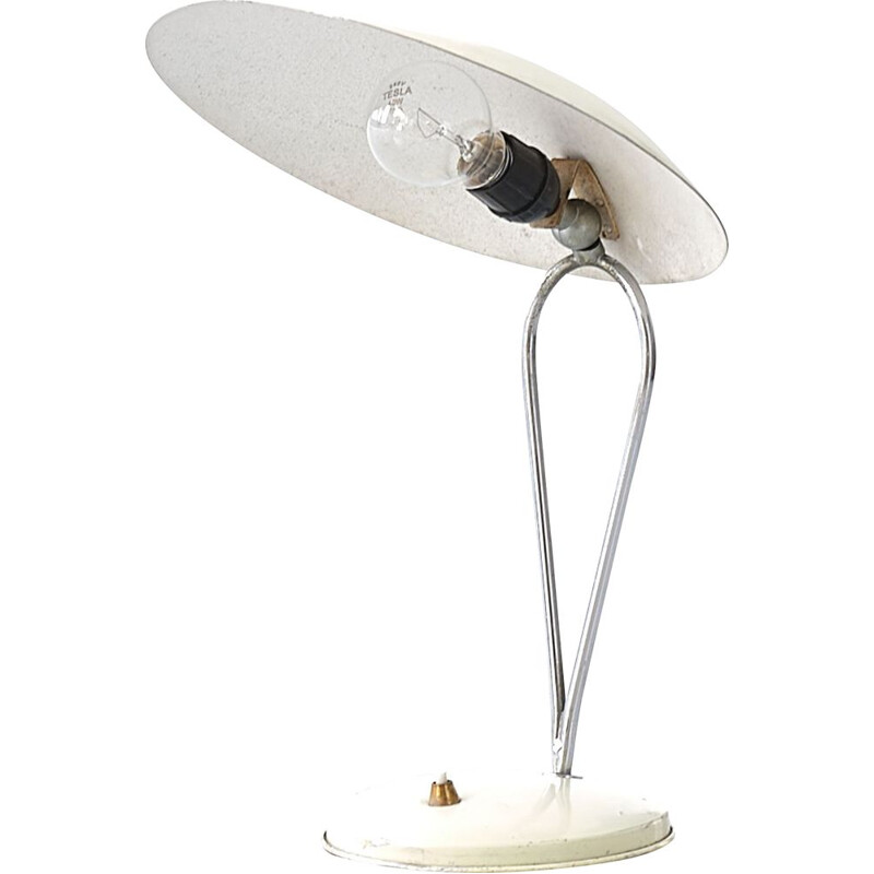 Lampe de bureau italienne vintage blanche en chrome et laiton, 1950