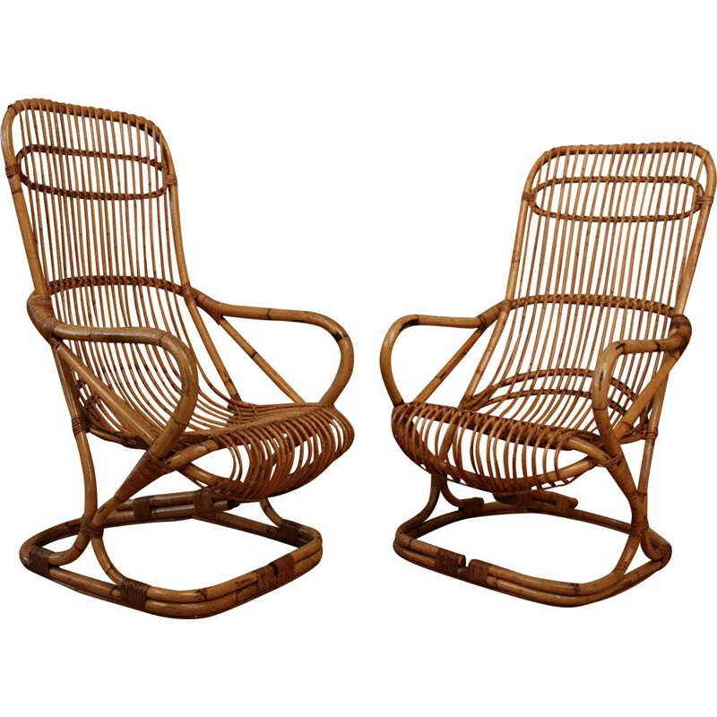 Pair of vintage rattan armchairs by Tito Agnoli, Italy 1950