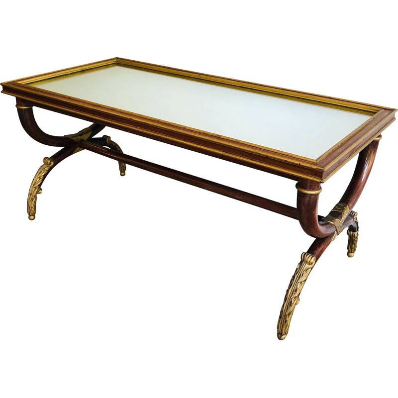 Vintage carved wood coffee table with patina and gilding by Maison Hirch, France 1940