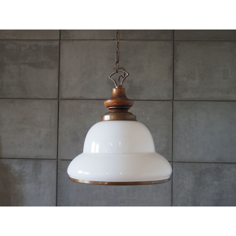 Vintage Scandinavian glass and wood pendant lamp, 1970s