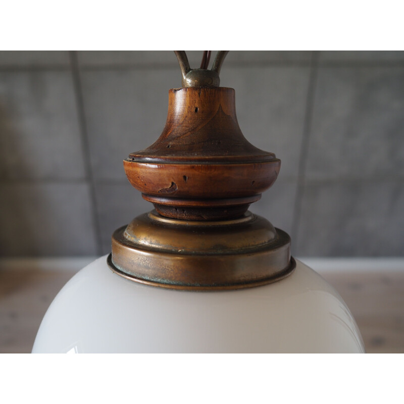 Vintage Scandinavian glass and wood pendant lamp, 1970s