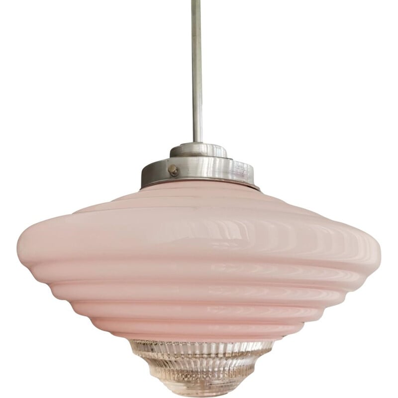 Art Deco vintage pink opal ribbed glass pendant lamp, 1950s