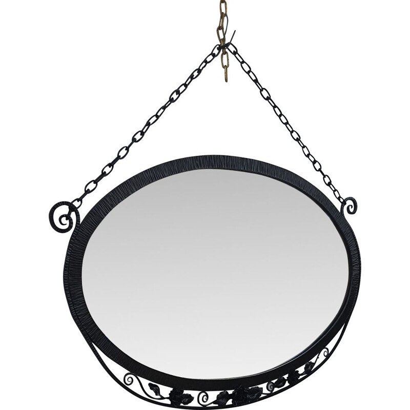 Ovaler Vintage Art Deco-Spiegel aus schwarzem Schmiedeeisen