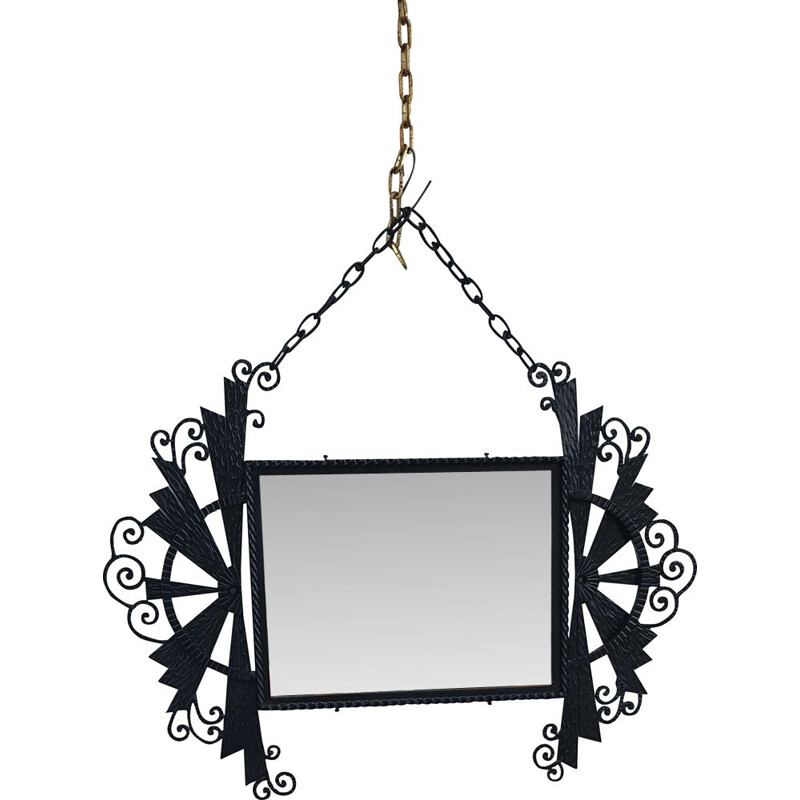 Vintage black wrought iron art deco mirror