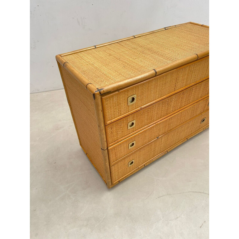 Vintage Dal Vera bamboo and wicker rattan chest of drawers, Italy 1960s