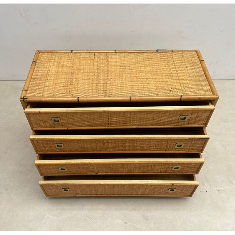 Vintage Dal Vera bamboo and wicker rattan chest of drawers, Italy 1960s