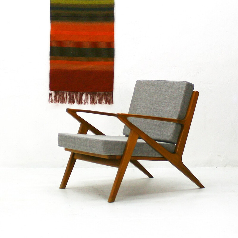 Mid century reupholstered armchair in beech and fabric - 1960s