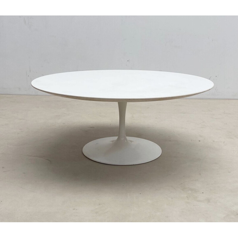 Table basse vintage en métal blanc et plateau en bois par Knoll