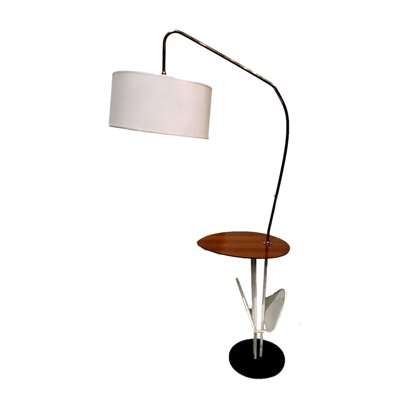 Vintage floor lamp in white lacquered metal, brass and teak