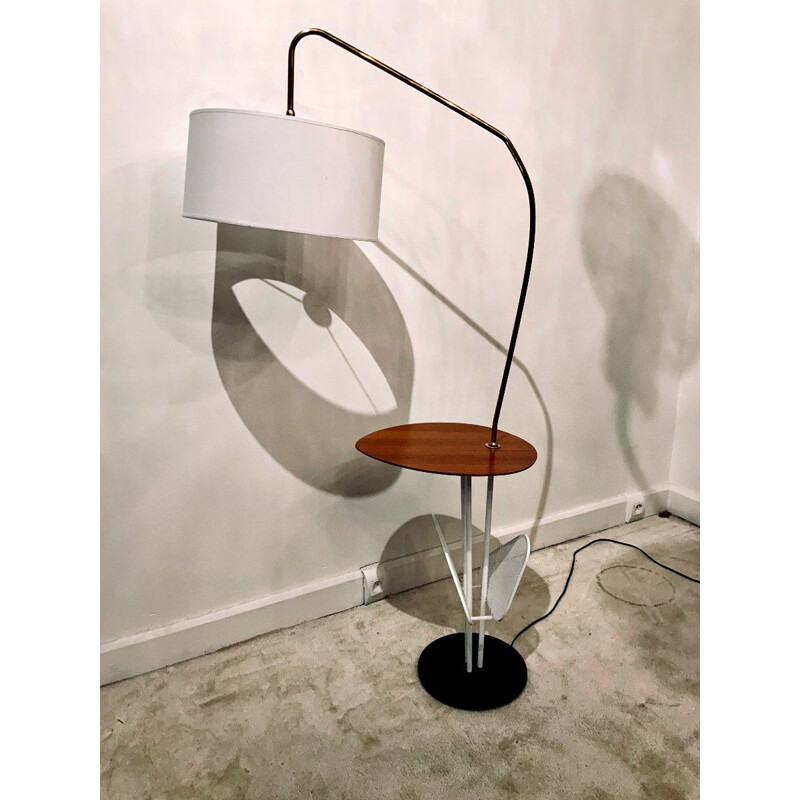 Vintage floor lamp in white lacquered metal, brass and teak