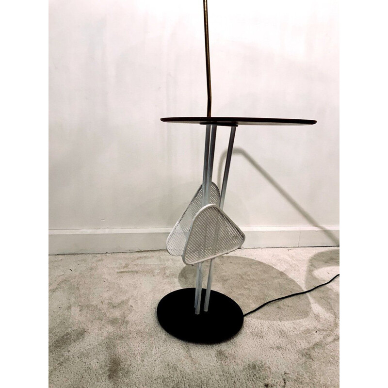 Vintage floor lamp in white lacquered metal, brass and teak