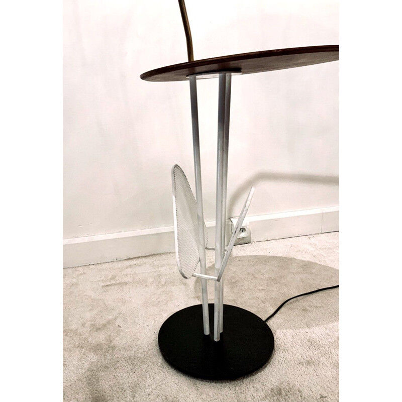 Vintage floor lamp in white lacquered metal, brass and teak