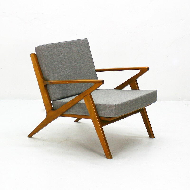 Fauteuil vintage retapissé en hêtre et tissu - 1960